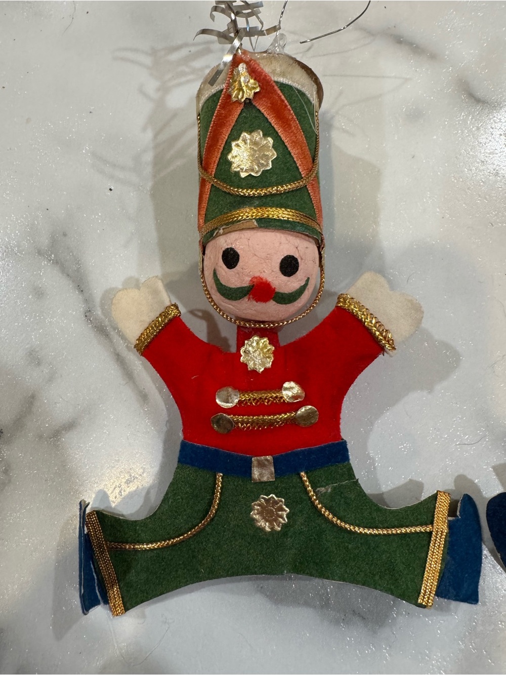 Vintage 1950s flocked toy soldier Christmas ornament. Made in Japan